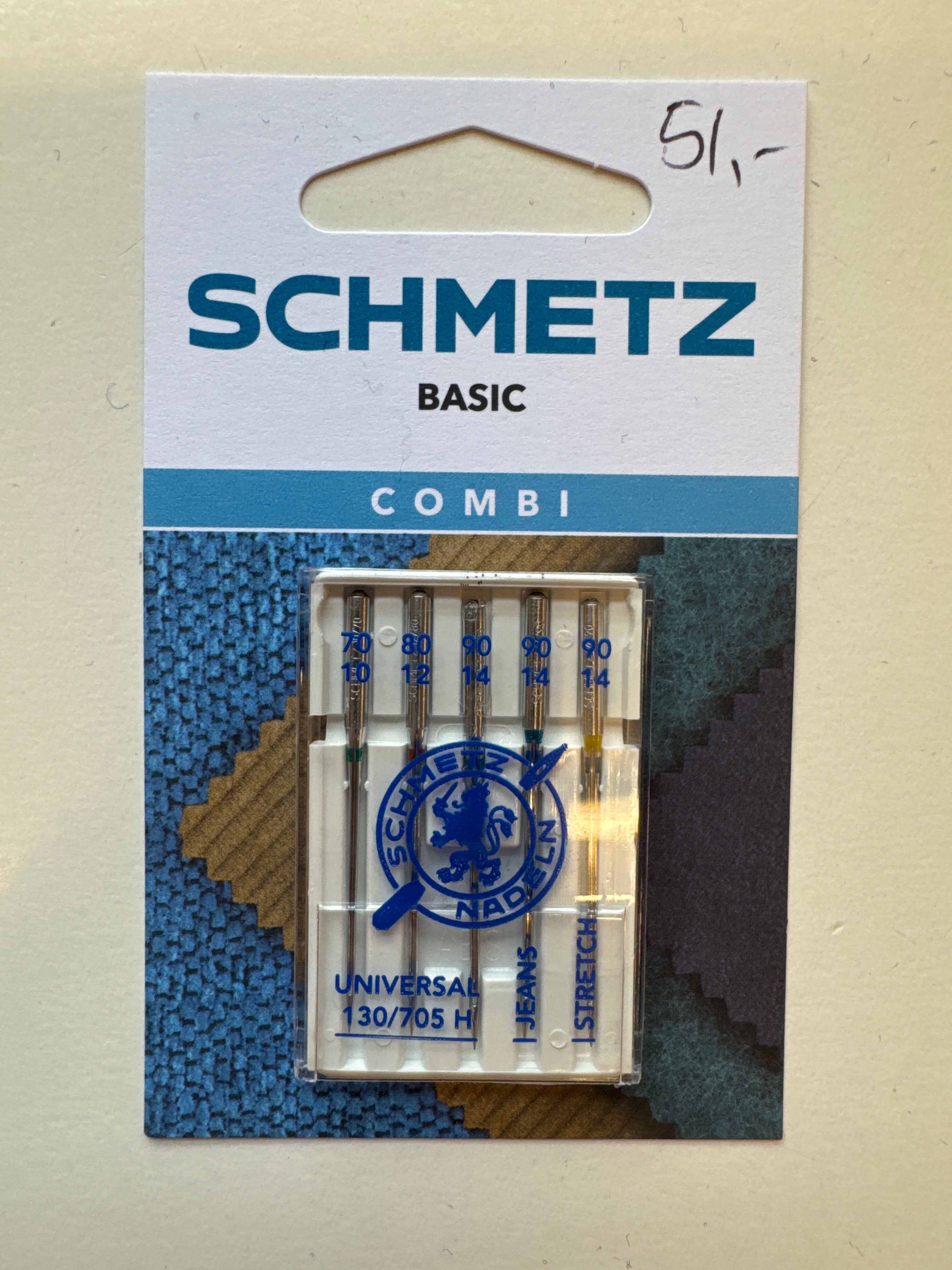 Schmetz seymimaskinu nálir combi pakki stødd 70, 80 og 90, 51 kr pakkin