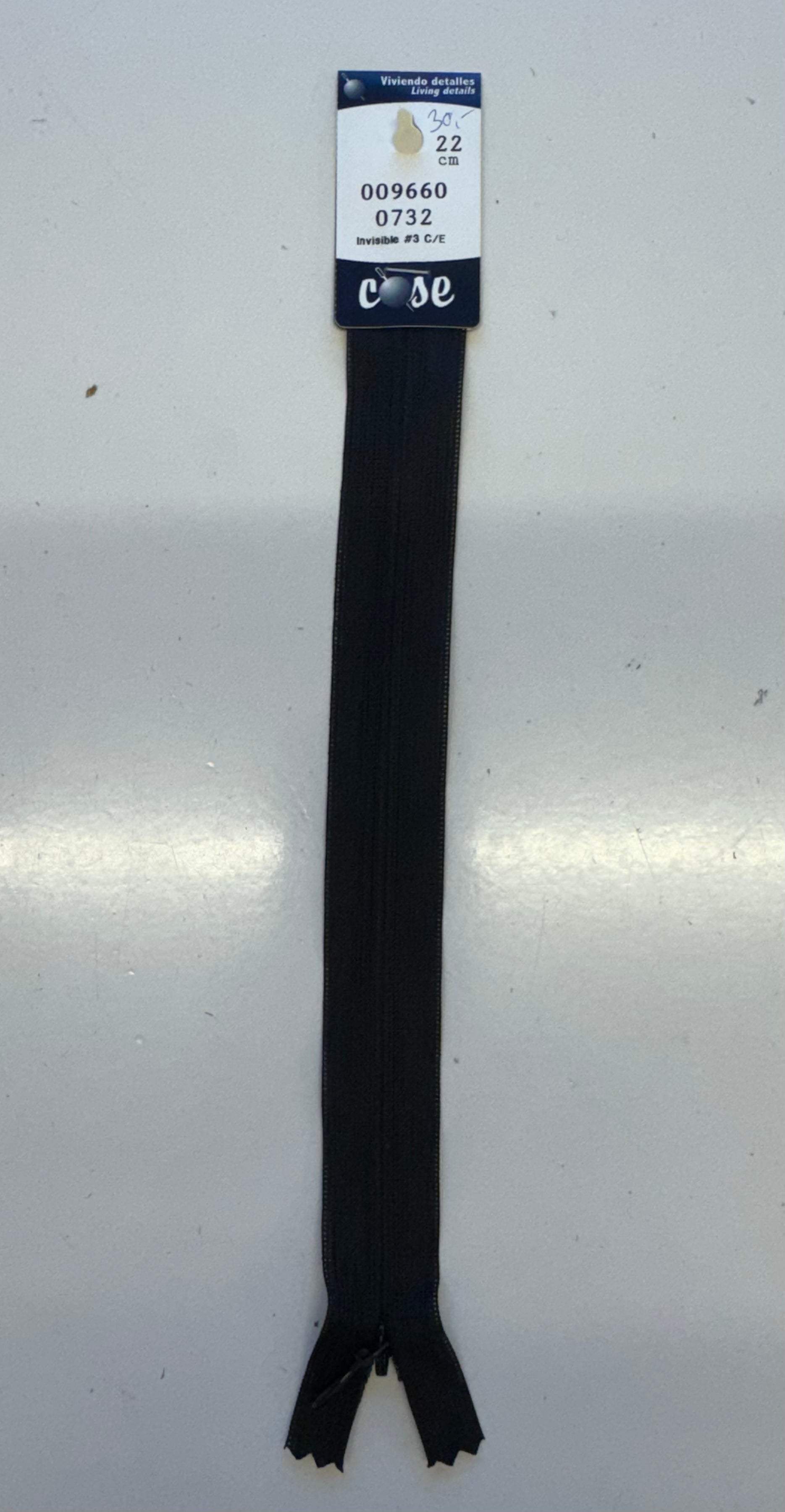 Svart skjult dragulás/lynlás 22 cm